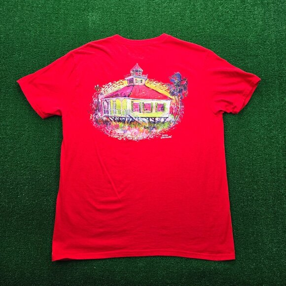 Leoma Lovegrove Tshirt Mens Large Red Short Sleeve House on Beach Tropical‎ Art - Picture 1 of 9